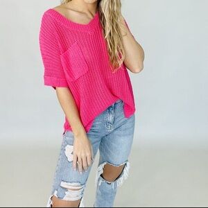 🆕🌿BIBI: FUCHSIA Short Sleeve Knit Sweater Top SMALL MEDIUM